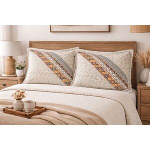 D Studio Set of 2 Quilted Pillow Shams White Multicolor Aztec Boho Cotton 20x26